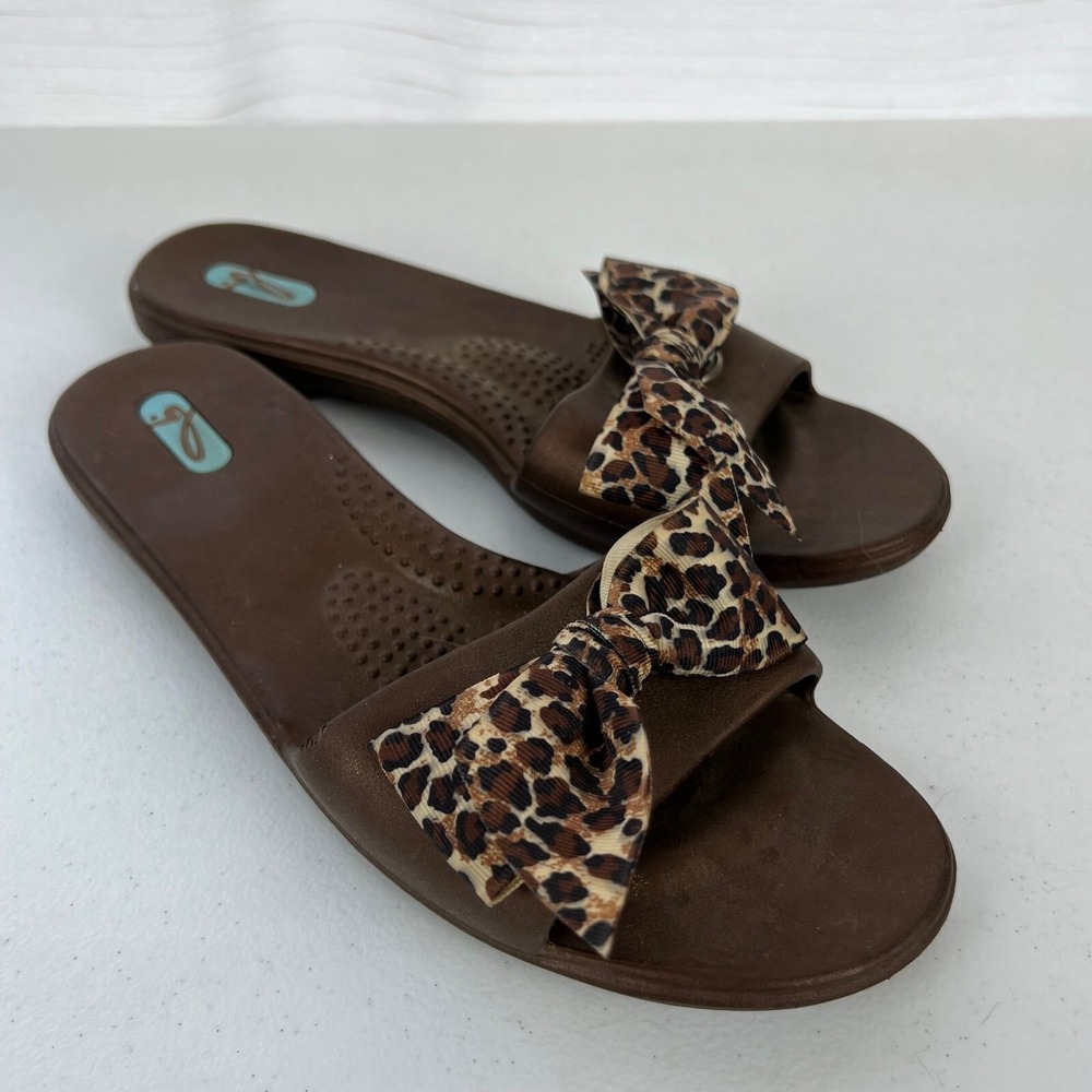 Oka Bee Slide Sandals Womens M/L Brown Slip‎ On Leopard Bow Flat Heel Slip On